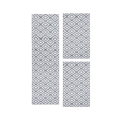 HomebyHome Alfombra Alrededor de la Cama Pila Corta Diseño Escandinavo de Rombo Dormitorio Suave Rectangular 3 Partes de Corredor Gris, Juego de Cama:2X 80x150 + 1x 80x300 cm