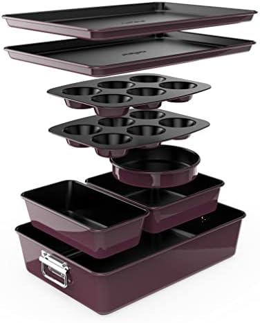 NutriChef 8-Piece Nonstick Stackable Bakeware Set - PFOA, PFOS, PTFE Free Baking Tray Set w/Non-Stick Coating, 450°F Oven Safe, Round Cake, Loaf, Muffin, Wide/Square Pans, Cookie Sheet (Plum)