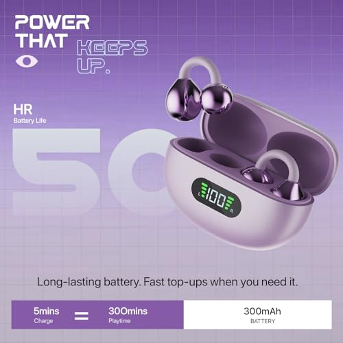 Image of Fire-Boltt Aero Clip OWS Earbud w /Clip-On Fit, Custom EQ, Wireless Bluetooth TWS,50H Playtime, 50ms Low Latency, Display on Charging Case, App Support, Touch Controls, Gaming & Music-Lilac Bloom