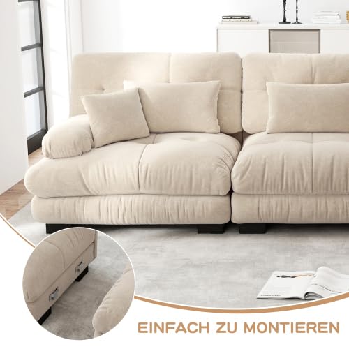 Modułowa sofa z funkcją spania w kształcie litery L z 1 otomaną 3-osobową – kanapa chmurowa z szenilą, bezboneless sofa z funkcją spania i 4 poduszkami, różne kolory 313 x 145 x 81 cm