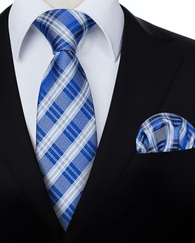 Image of HISDERN Ties for Men Plaid Checkered Tie with Pocket Square Woven Business Formal Necktie Handkerchief Set Wedding Party