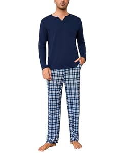 Bresdk Schlafanzug Herren lang Baumwolle Winter V-Ausschnitt Kariert Pyjama Set aus Langarm Oberteil und Pyjamahose Hausanzug Herren kuschelig Blau B XL