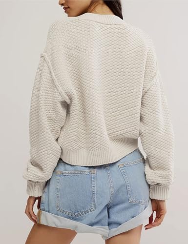 Image of Women's Oversized Cropped Cardigan Sweater Open Front Long Sleeve Button Down Knit Outwear