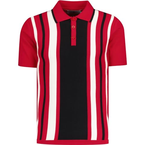 Madcap England Men's Retro Mod 50s 60s 70s Sixties Seventies Striped Knitted Knit Short Sleeve Cotton Tipped Polo Shirt Top Folklore MC421 (UK, Alpha, 3XL, Regular, Regular, Red)