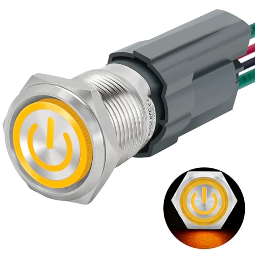 Image of UL Listed 15Amp 16mm Latching Push Button Switch 110V-120V IP67 Waterproof; SPST 1NO, with LED Angel Eye Light; Stainless Steel 304 with Wire Socket Yellow