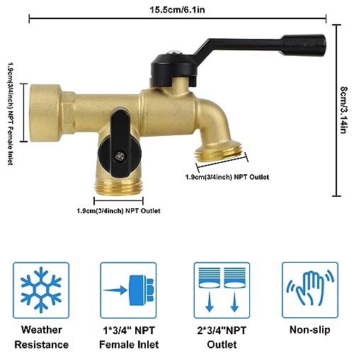 Double Outdoor Faucet, Outside Tap Garden Water Faucet Wall Mounted 3/4 inch NPT Female Inlet & Two Outlets, Frost-proof Brass Outside Spigot for Home Balcony Hose Connector (Copper 3/4" Female Inlet) - Image 4