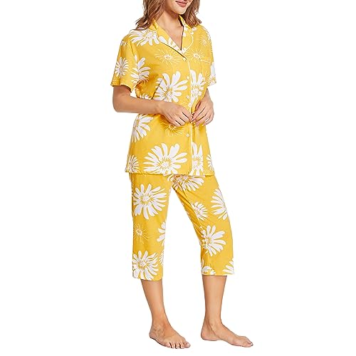 Image of Tugege Capri Pajamas Set Womens Button Down Short Sleeve Lounge Sets Sleepwear Notch Collar Top & Capri 2 Piece PJ Sets