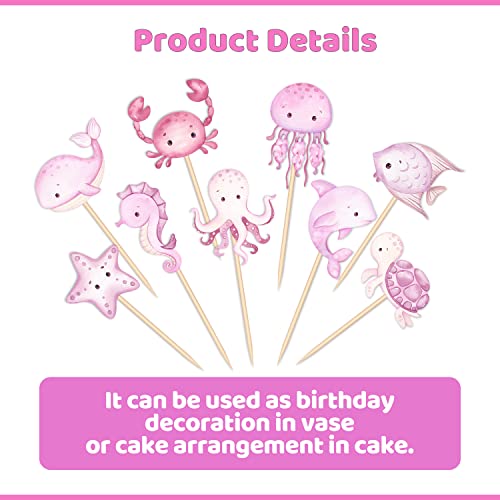 27 Pieces Ocean Animal Pink Cupcake Toppers Printed On Both Sides,Cake Picks Under The Sea Birthday Decoration For Girl Baby Shower Birthday Party Favors, Mermaid Theme Gender Reveal Party Cake Table #TOP3