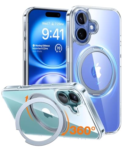 TORRAS Upgraded 360°Rotatable Magnetic Ring for iPhone 16 Plus Case with Stand, Fit for MagSafe, 16FT Military Grade Shockproof Clear Back Case for iPhone 16 Plus Phone Case Ostand 6.7", Clear