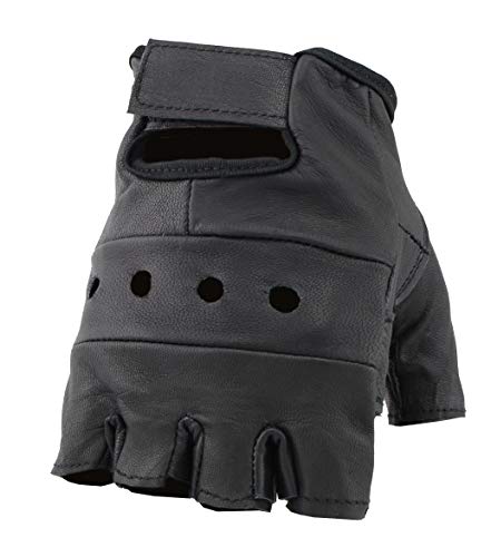 The Bikers Zone Men's Leather Fingerless Gloves, Soft Lambskin Leather (Black, L)