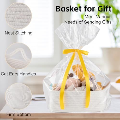 Image of OIAHOMY 7L Woven Basket, Gift Basket Empty with Gift Bags and Ribbons, Rope Baskets for Baby Showers, Storage Baskets with Handles for Nursery, Pet Toy Organizer - White