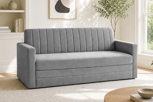 Image of Modern 3 Seater Sofa Cum Bed with Armrest, Velvet Fabric Couch for Living Room, Space Saving Foldable Sleeper Sofa, (Grey-Color)