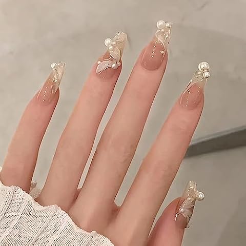 24PCS Pink Pearl Coffin Acrylic Press-on Nails Cover