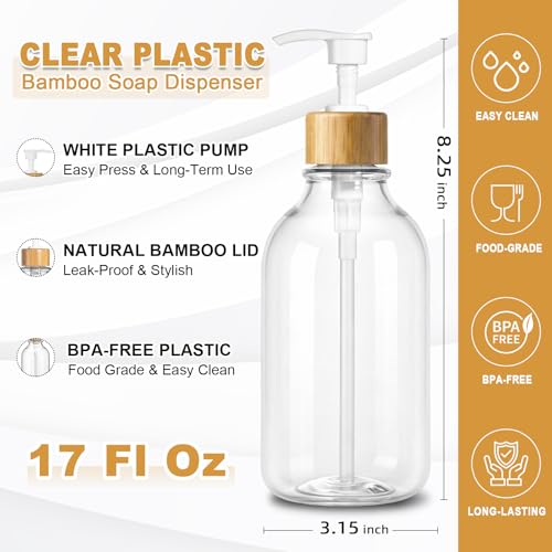 Image of KASUNTING Clear Soap Dispenser, 2 Pack Plastic Dish Soap Dispenser for Kitchen, 17 Fl Oz Bathroom Hand Soap and Lotion Dispensers Set with Bamboo Pump, Refillable Liquid Soap Bottles