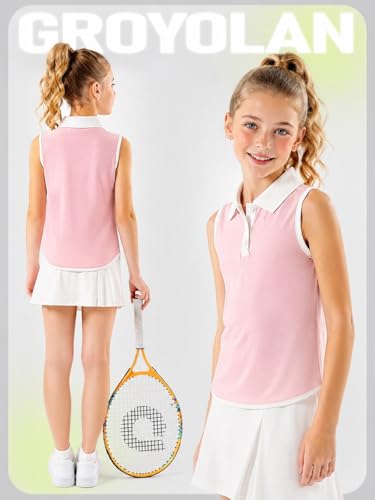 Image of Girls Sleeveless Polo Shirts Contrast Collar Tennis Golf Tank Tops Quick Dry Breathable Athletic Shirts