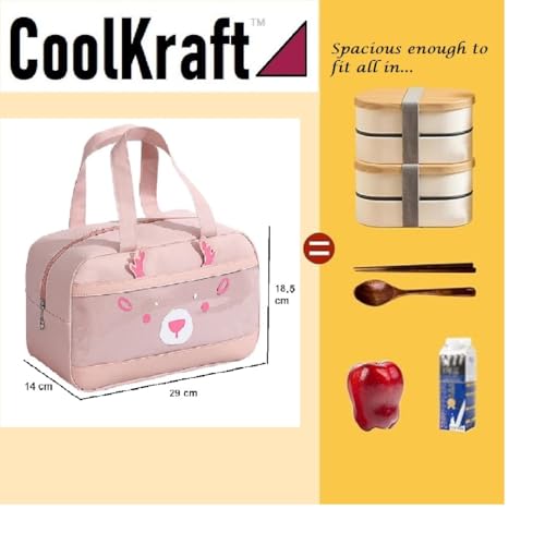 Image of CoolKraft Lunch Bag for School Kids, Girls, Cute Animal Design Bag, Lunch Bag for Office Women Travel Picnic Bag, Insulated Portable Tiffin Bag 29 x 18.5 x 14 cm (Pink + Pink)