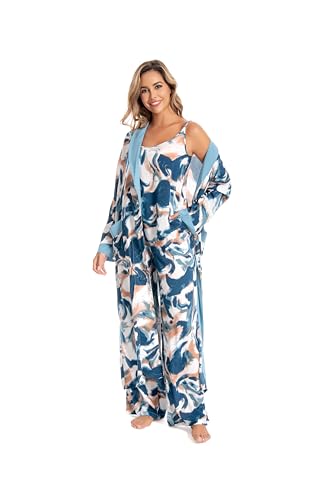 Pyjama long 3 pièces pour femme Nutria d'été avec débardeur et pantalon large confort D08