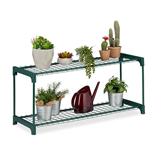 Relaxdays Estantería Plantas, Soporte Macetas, Estantes Flores, 2 Baldas, Metal-Plástico, 1 Ud, 40,5x91x28,5 cm, Verde