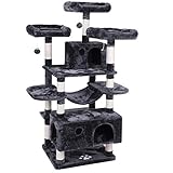 BEWISHOME Large Cat Tree Condo with Sisal Scratching Posts Perches Houses Hammock, Cat Tower Furniture Kitty Activity Center Kitten Play House Grey MMJ03B