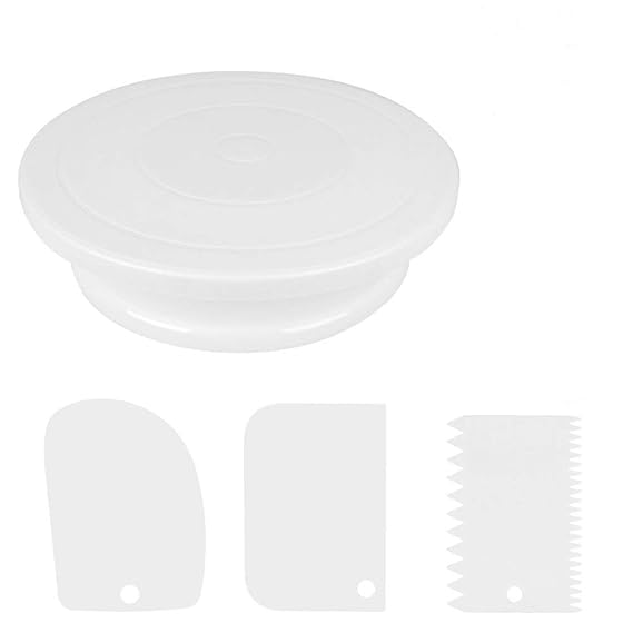 RKPM Combo Pack - Cake Turntable Revolving Cake Decorating Stand Cake Stand Sugarcraft (28cm Turntable + 3 Icing Smoother Set)