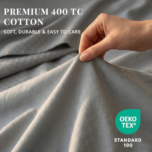 Image of LANE LINEN 400TC 100% Cotton Micro Check King Size Bedsheet - Silver | OEKO-Tex Certified, 108 x 108 Inch, Fits King & Double Size Bed, Breathable & Wrinkle-Free, Includes 2 Pillow Covers