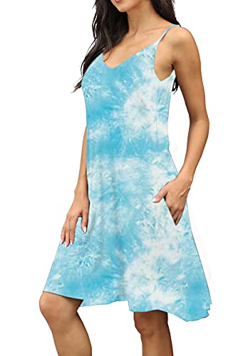 Image of Women's Summer Spaghetti Strap Casual Swing Tank Beach Cover Up Dress with Pockets