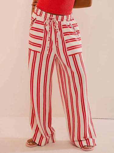 CHARTOU Women's Drawstring High Waisted Striped Palazzo Pants Wide Leg Casual Lounge Beach Pant Trousers4