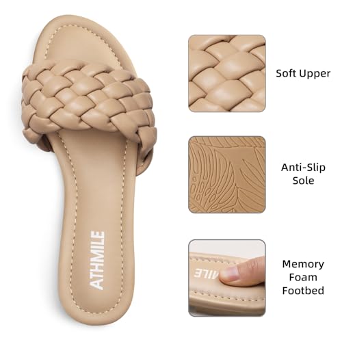Image of ATHMILE Braided Sandals for Women, Open Toe Flat Summer Slides, Nude Sandal | Woven braided upper with round open toe design, lightweight flat style for beach trips, vacations, and summer outfits.