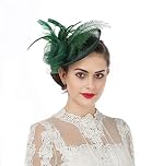 Women Elegant Fascinator Hat Bridal Feather Pillow Sinamay Hair Clip Accessories Cocktail Wedding Royal Ascot Party, M, A4-green Sinamay