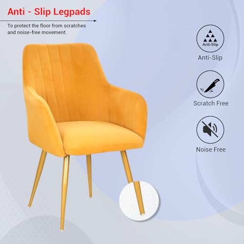 Image of Taboo Velvet Dining Chair Set of 6 | Upholstered Accent Arm Chairs | Soft Cushioned Seat with Backrest | Modern Velvet Fabric Chairs with Metal Legs | Living Room, Bedroom, Cafe & Restaurant | Yellow