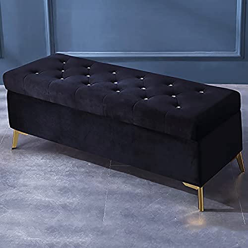 Lujoso banco de almacenamiento con botones de cristal, tapizado de terciopelo, banco de terciopelo negro con compartimento de almacenamiento y detalles de cristal, dimensiones de 31 x 17 x 18 pulgadas