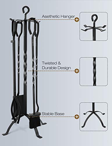 image for COMFYHOME 5 Pieces Fireplace Tool Set, Wrought Iron Fire Toolset w/Pok