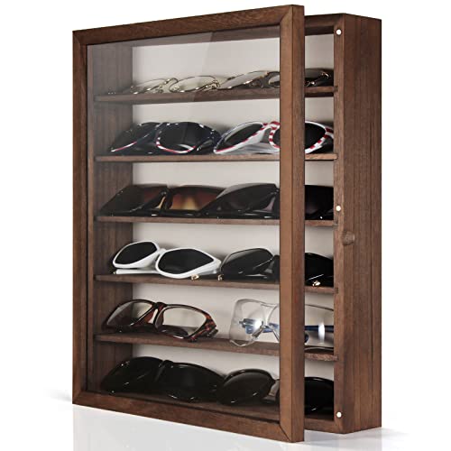 TJ.MOREE Sunglasses Organizer Storage Wall Mounted: 13 x 15.6 inches Eyewear Display Case Rustic Wood Eyeglasses Holder Large Glasses Storage Box, Brown