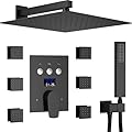 WHSHOWER Matte Black Shower System 12 inch Wall Mounted Shower Faucet Set Temperature Display Shower Fixtures Rain Shower Head System with Body Jets and Handheld Rough-in Valve and Trim Kit Included