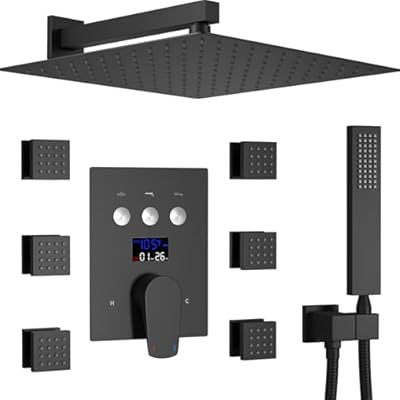 WHSHOWER Matte Black Shower System 12 inch Wall Mounted Shower Faucet Set Temperature Display Shower Fixtures Rain Shower Head System with Body Jets and Handheld Rough-in Valve and Trim Kit Included