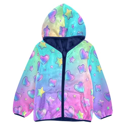 Heart Star Print Design Toddler Fleece Jacket Girl Boys Hooded Fleece Jacket Coat Warm Outwear Zip-up 3-10T