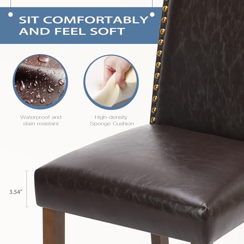 DUMOS Upholstered Dining Chairs,Set of 2 PU Leather Dining Room Kitchen Chair with Nailhead Trim and Wood Legs, Modern Side Chairs for Living Room-Brown