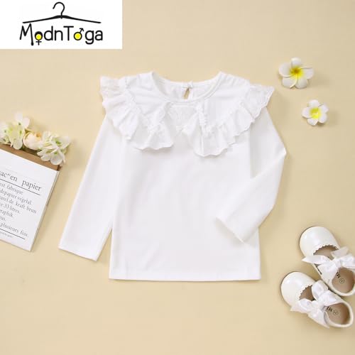 Image of MODNTOGA Kids Baby Girl Long Sleeve Collar Shirt Toddler White Blouse Puff Short Sleeve T-Shirt Solid Color Basic Top Bottom (White,3-4 Years)