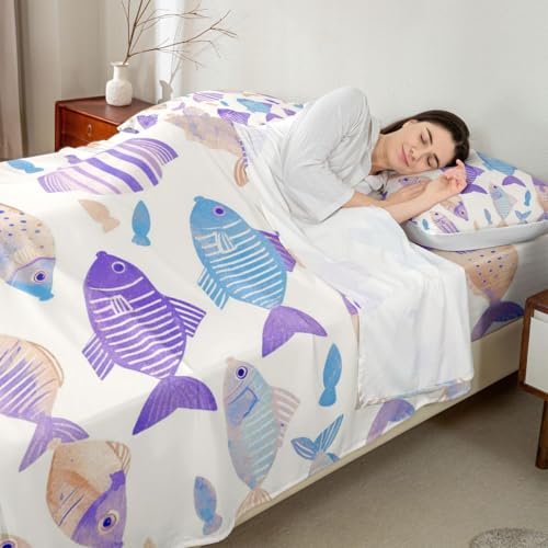 Image of jejeloiu Fish Bed Sheets Set Full Size Ocean Sea Animal Deep Pocket Fitted Sheet Marine Theme Bedding Sets Marine Theme Soft Bed Set 4Pcs with 2 Pillow Cases