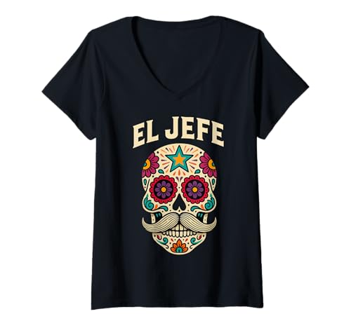 Mujer El Jefe Sugar Skull México Cráneo Fiesta Latino Regalo Camiseta Cuello V