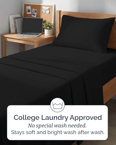 Image of Twin XL 4 Piece Sheet Set - College Dorm Room Essentials - Black | Ultra Soft Dorm Bedding Set, 8 inch to 16 inch Inch Deep Pockets, 1 Flat & 1 Fitted Sheet & 2 Pillowcases, Wrinkle & Fade Free