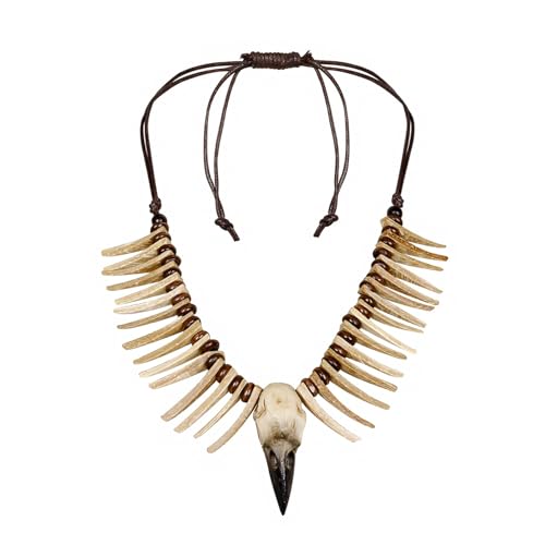 LVOW Viking Raven Skull Necklace Bone Tooth Necklace for Men Women Halloween Savage Barbarian Cosplay Rib-style