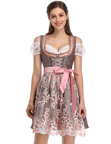 Clearlove Dirndl 3 tlg.Damen Midi Trachtenkleid für Oktoberfest- Spitzen Kleid, Bluse & Schürze, Rosa Spitzen-upgrade, 36