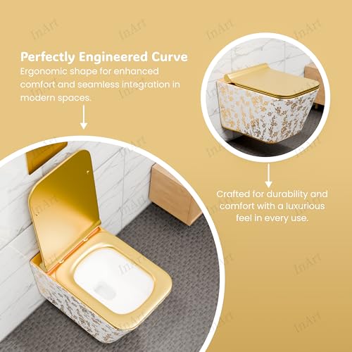 Image of InArt Ceramic Wall Hung Toilet Commode, Gold Rimless, Soft Close, P-Trap | Compact square design, size 53 x 36 x 35 cm, suitable for concealed flush tank