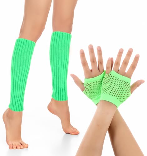 Neon Leg Warmers and Fishnet Gloves Set - Leg Warmers 80s, Women Fashion Knit Leg Warmers for Women, 80s Stretchy Dance Party Accessories for Women2