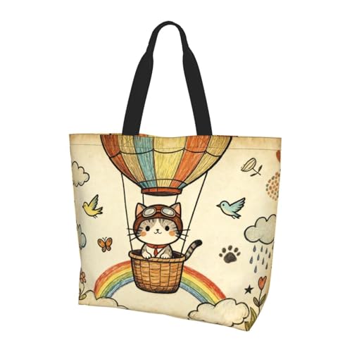 OLUSENMO Hot Air Balloon Cat Pilot Tote Bag Large Durable