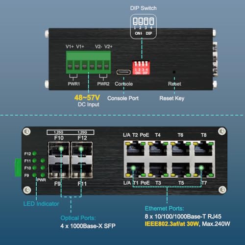 Image of Industrial Gigabit Managed PoE Switch - 8 Ports 10 /100 /1000Mbps Web Management DIN Rail PoE Switch with 4 SFP Slots, Network PoE Switch Support Ring Network, VLAN, STP, LACP, QOS