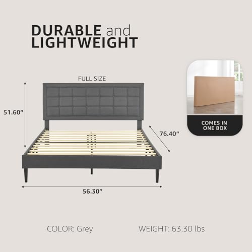 Image of Decoro Mornington Upholstered 2.0 Platform Bed, Button-Tufted Fabric Headboard and Metal Frame with Wood Slat Support, Light Grey, Full