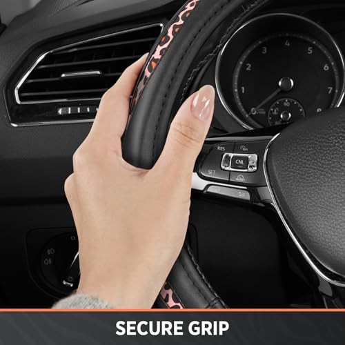Road Comforts Steering Wheel Cover - Flat Bottom Wheel Cover Made with PVC Leather and Pink Leopard Fabric - Universal Fit for 15-Inch D-Shaped Automotive Steering Wheels (Pink Leopard) by Road Comforts - Used condition - Image 6