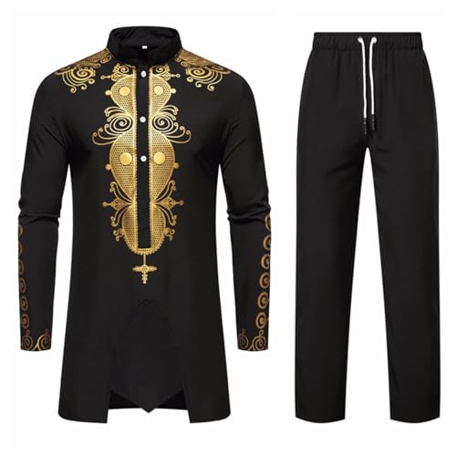 Generic Muslim Clothes for Men 2 Piece Set Mens Casual Muslim Gown Shirt Set Long Sleeve Kaftan Thobe Henley Shirts + Pants